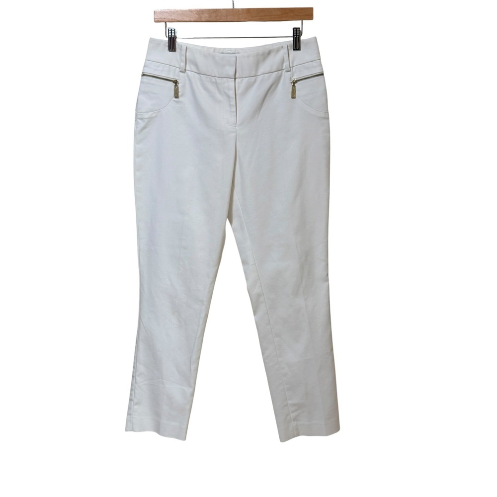Chaus New York Womens White Slim Straight Ankle Pants Gold Zipper Accent Size 4